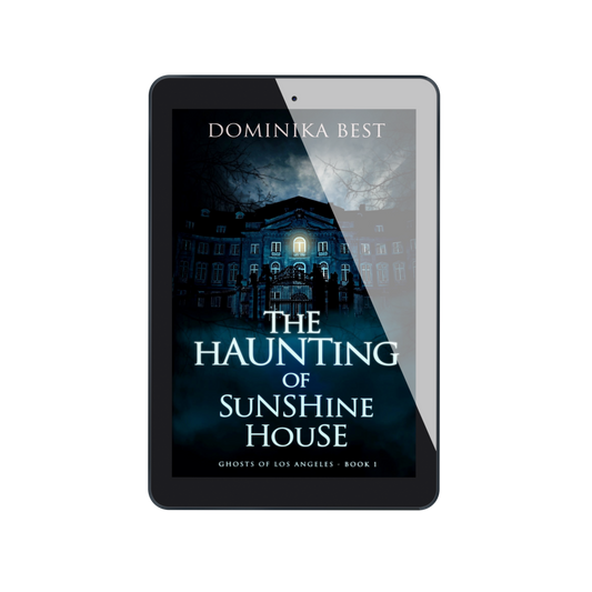 An e-reader device with the cover of The Haunting of Sunshine House on it. 